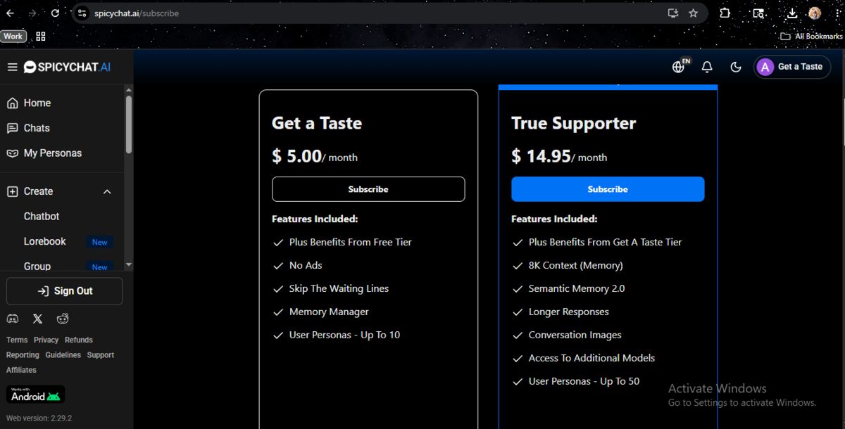 The Get a Taste and True Supporter tiers side by side. Ads and waiting lines are confirmed as free-tier problems. Memory Manager is confirmed as a paid feature.