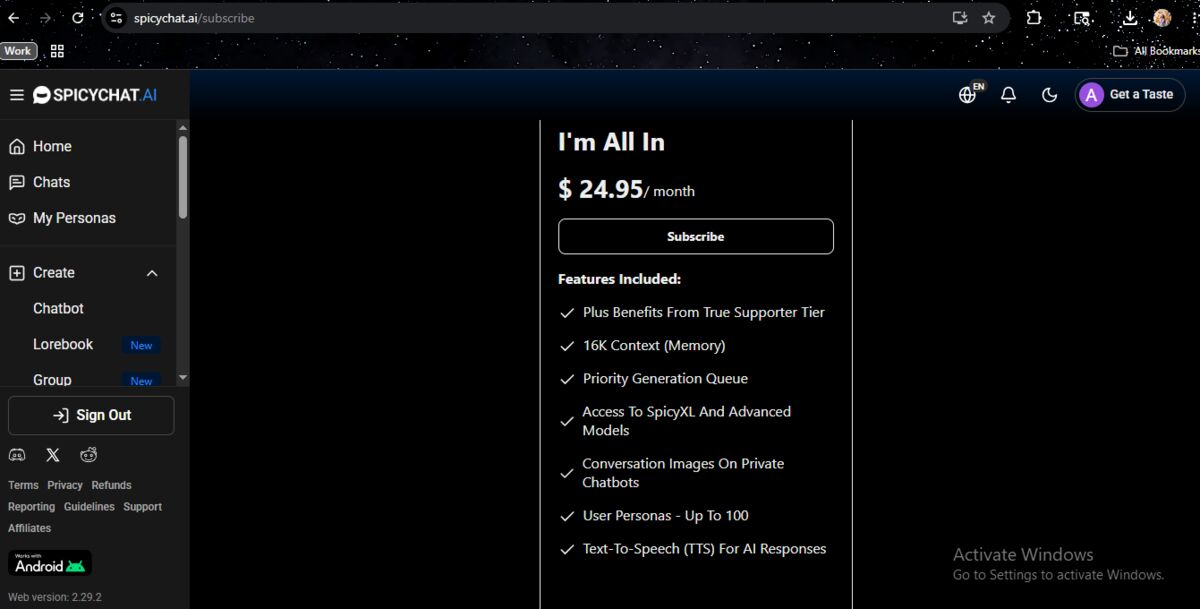The I'm All In tier — 16K context, SpicyXL and advanced models, text-to-speech, and up to 100 user personas.