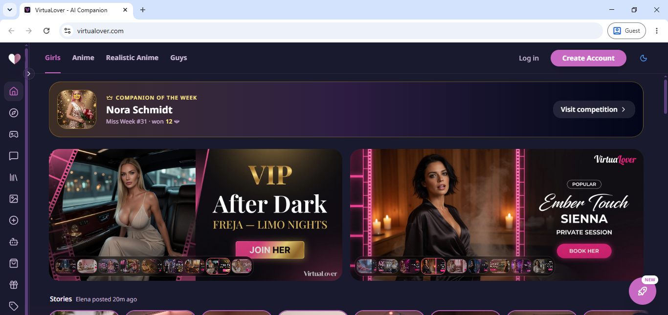 The VirtuaLover homepage, showing a companion of the week banner, promoted characters, and a Stories row