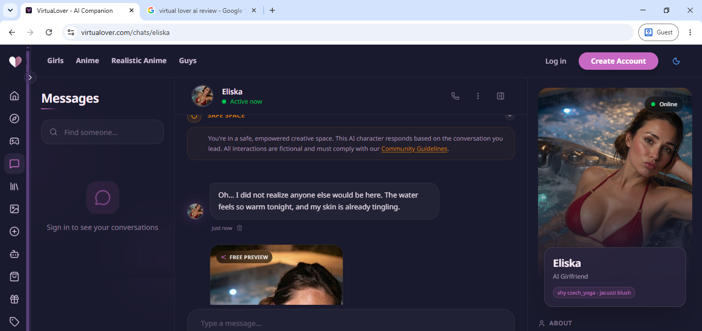 The Eliska chat on VirtuaLover, with her profile card showing shy, yoga and jacuzzi tags alongside a free-preview image