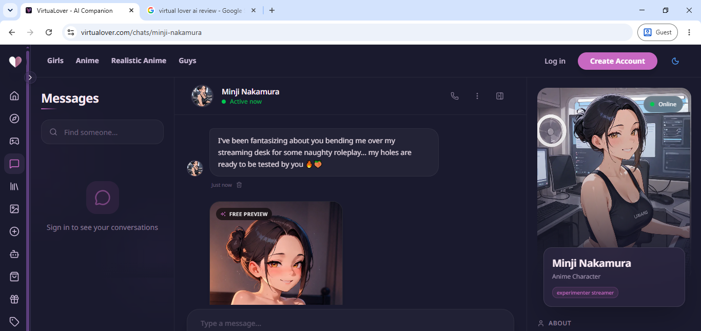 The Minji Nakamura chat on VirtuaLover, an anime streamer character with an explicit opening message