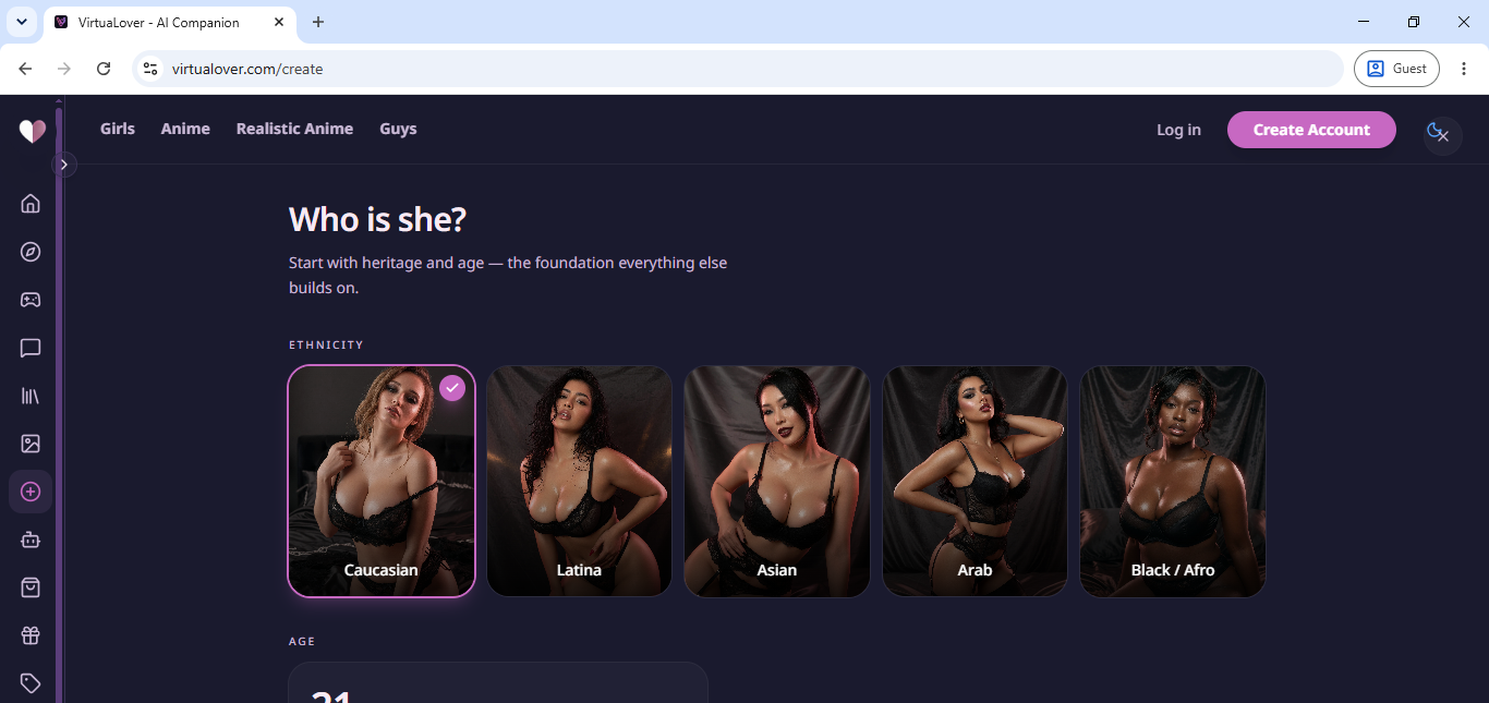 Step two of the VirtuaLover character creator, choosing heritage and age for a new companion