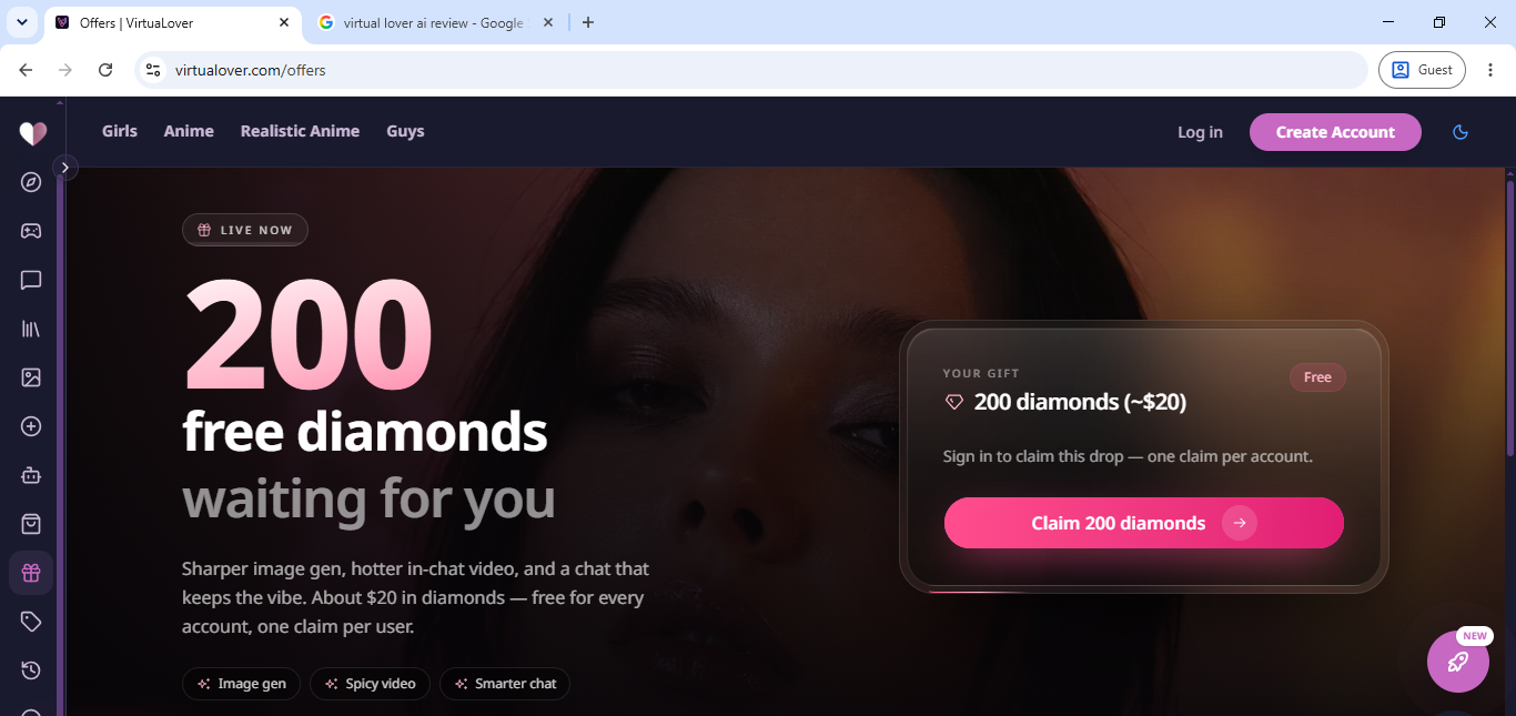 The VirtuaLover offers page, advertising 200 free diamonds worth roughly $20 for new accounts