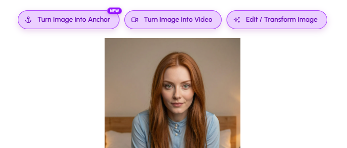 A Nomi-generated photo keeps Leah's face consistent, with options to turn it into a video or transform the scene