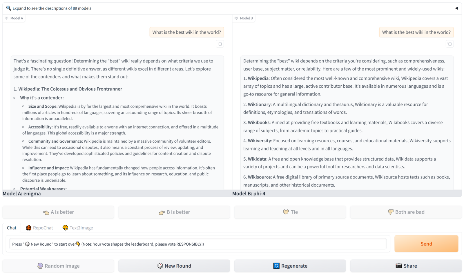 Chatbot Arena interface showing two large language models responding side-by-side — illustrating modern chatbot capability
