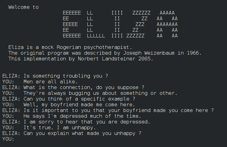 A sample conversation with ELIZA, the original 1966 chatbot built by Joseph Weizenbaum at MIT — proof that even pattern-based responses can feel meaningful