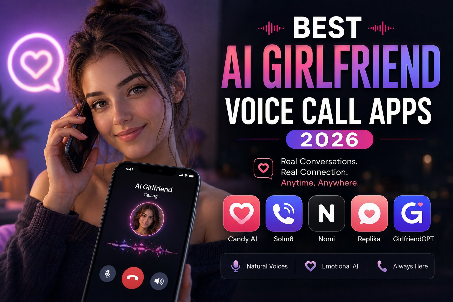 Best AI Girlfriend Voice Call Apps 2026 — hero graphic featuring Candy AI, Solm8, Nomi, Replika and GirlfriendGPT, tested by Call Your Girlfriend for natural voices, emotional AI, and always-on availability