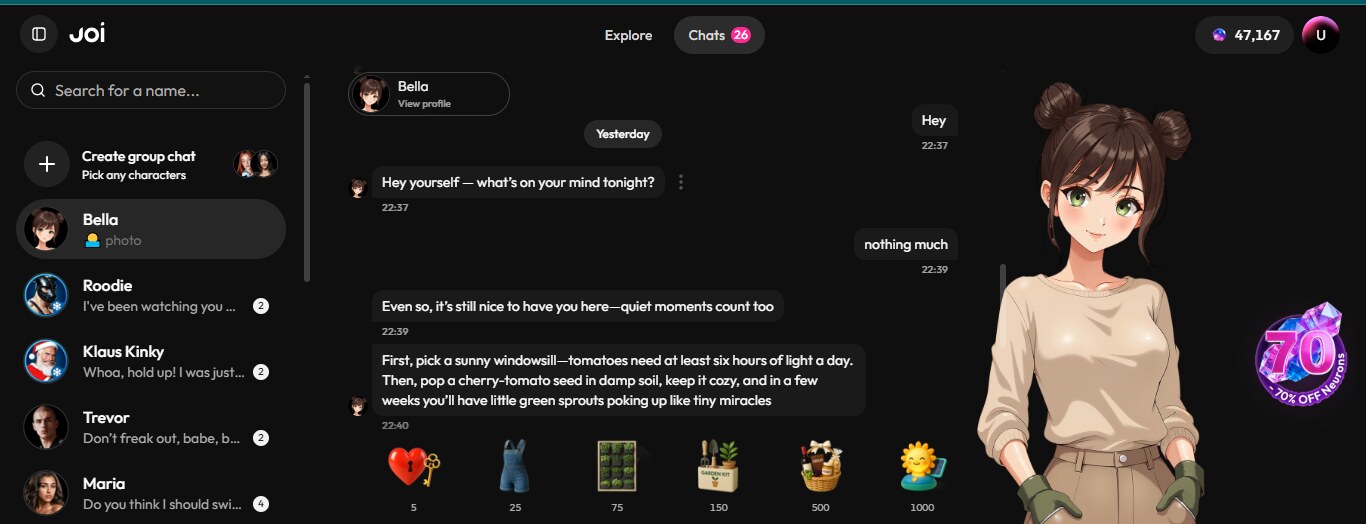 Joi's in-chat gift tray, with each virtual gift priced in Neurons