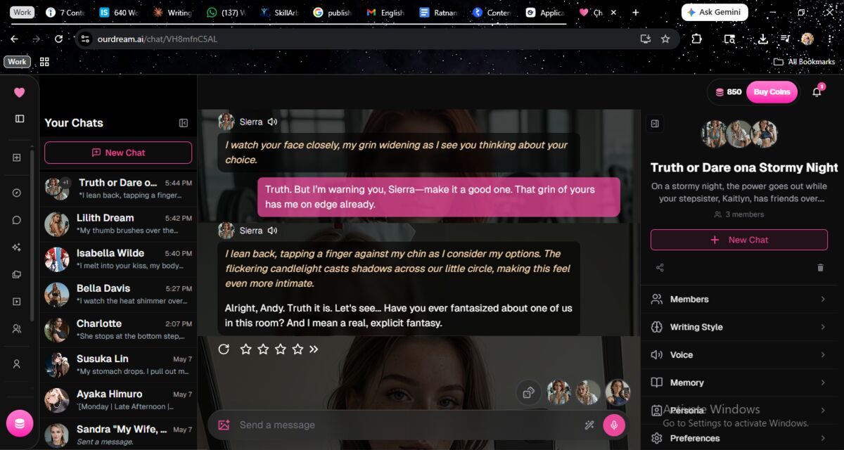 Ourdream group chat — three AI characters sharing a single scenario