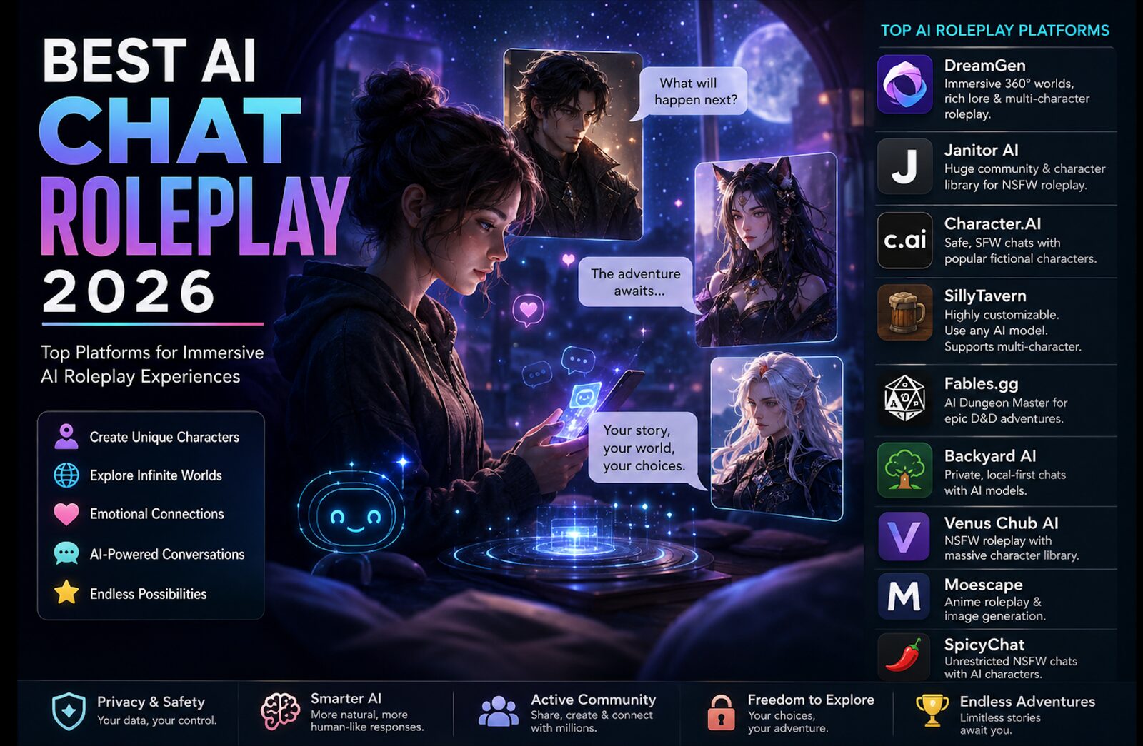 Best AI Chat Roleplay 2026 — overview infographic featuring the top AI roleplay platforms tested by Call Your Girlfriend, with a roundup of their key strengths