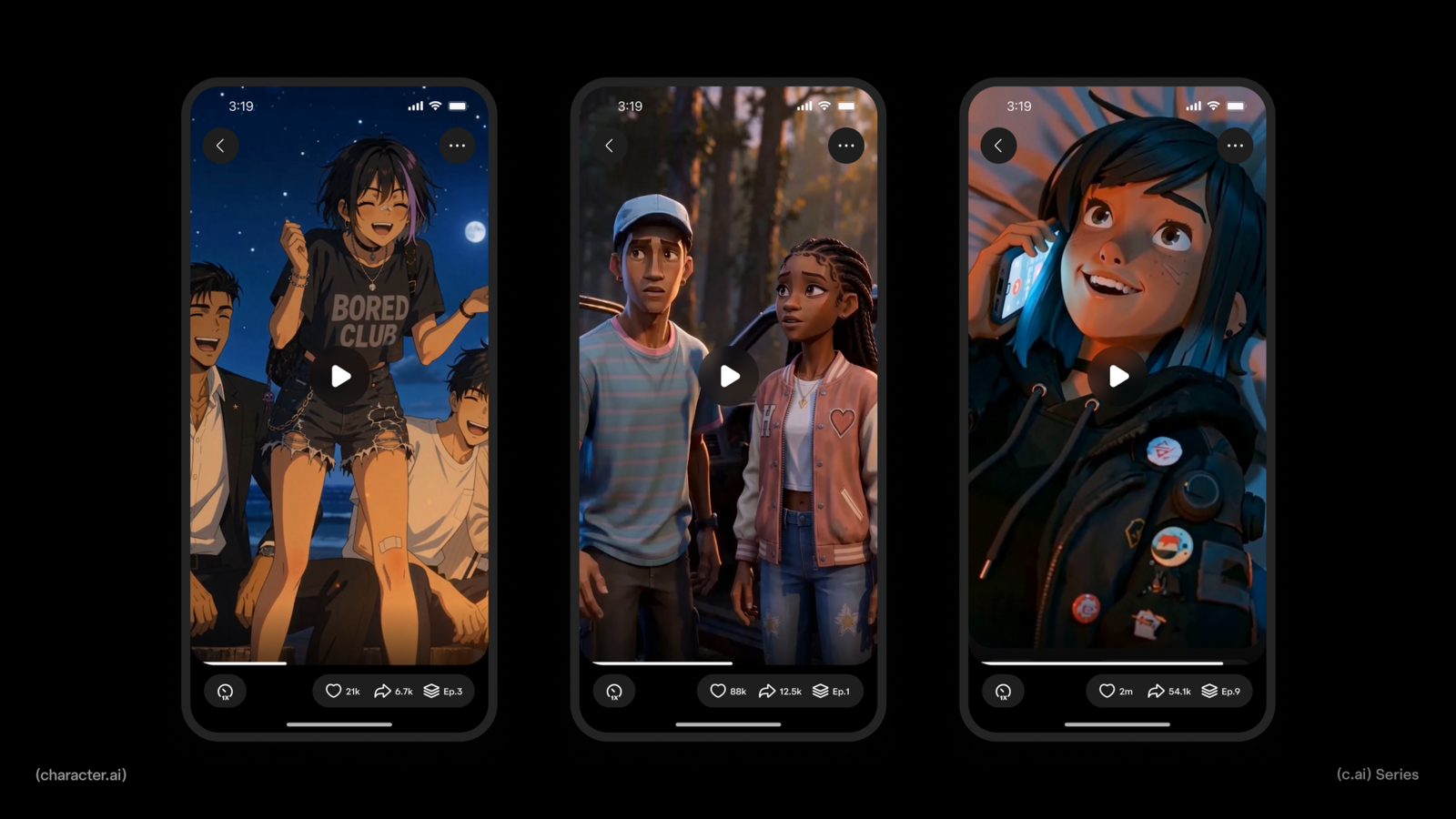 Three phones showing Character.AI Microdramas playing vertically with like counts, share counts and episode numbers