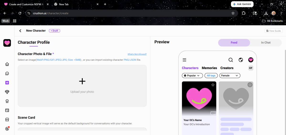 CrushOn AI's character creation screen, with the character profile fields and a live preview panel