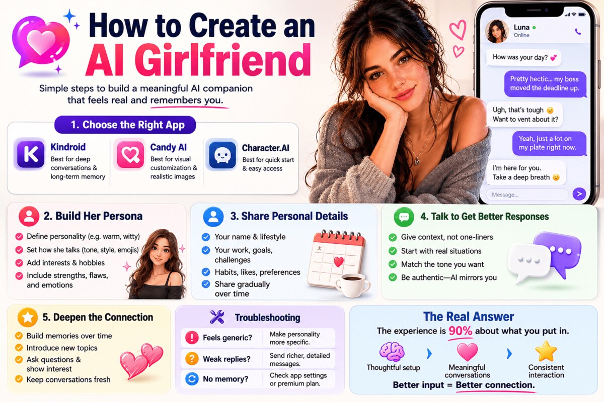 How to create an AI girlfriend — a five-step guide covering app choice, persona building, what to share, and how to talk