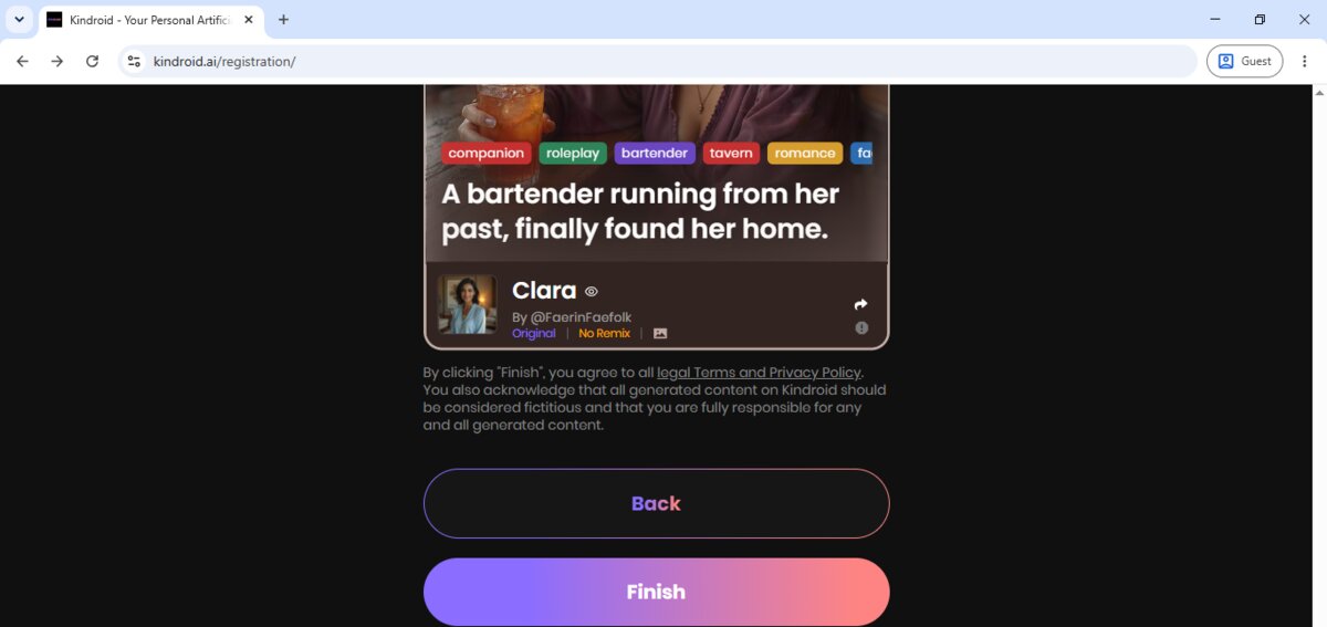 The final step of Kindroid's registration flow, showing the finished character card and the Finish button