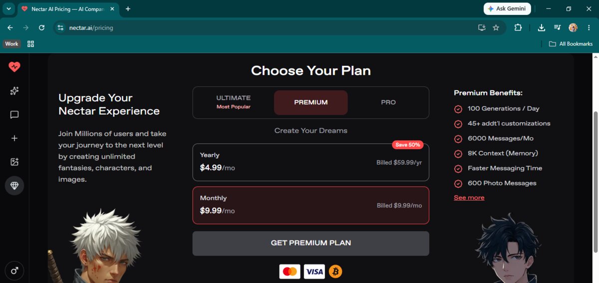 Nectar AI's pricing page showing the Premium tier at $9.99 monthly and $4.99 billed yearly