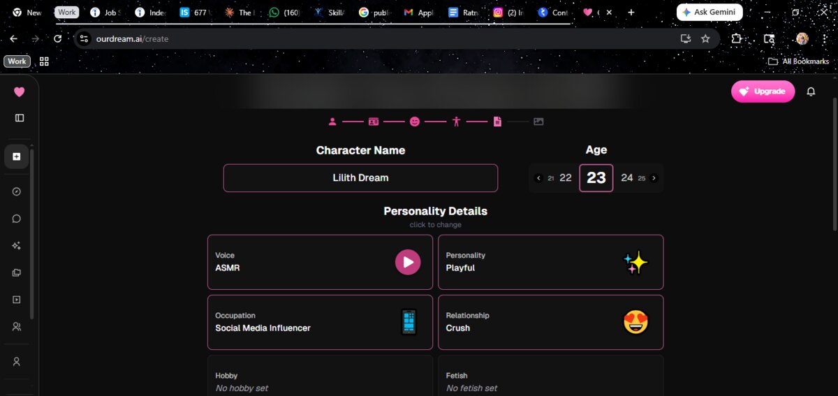 OurDream AI's persona builder, with the personality details grid for voice, personality, occupation, and relationship