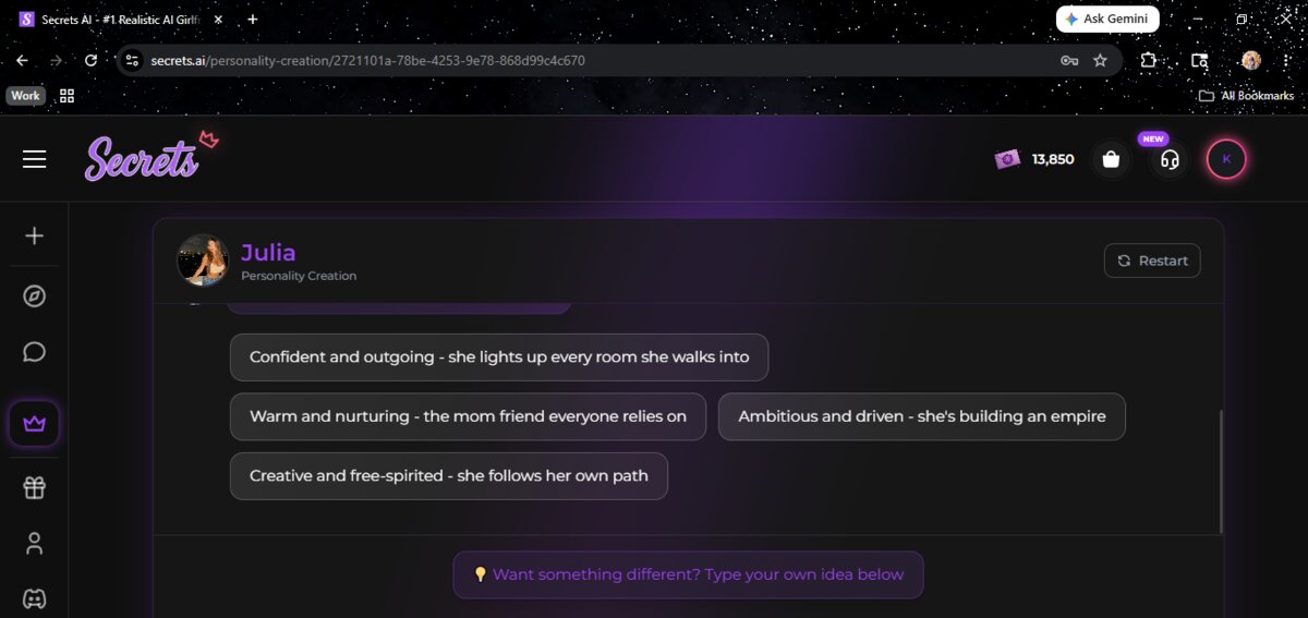 Secrets AI running personality creation as a guided conversation, offering character trait options