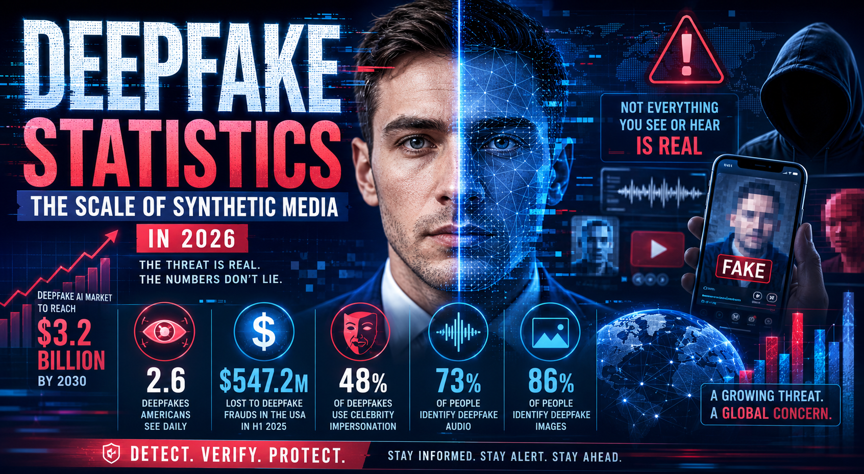Deepfake Statistics 2026 infographic — $3.2B market by 2030, 2.6 deepfakes seen daily, $547.2M lost to fraud in H1 2025, 48% use celebrity impersonation, detection rates for audio and images