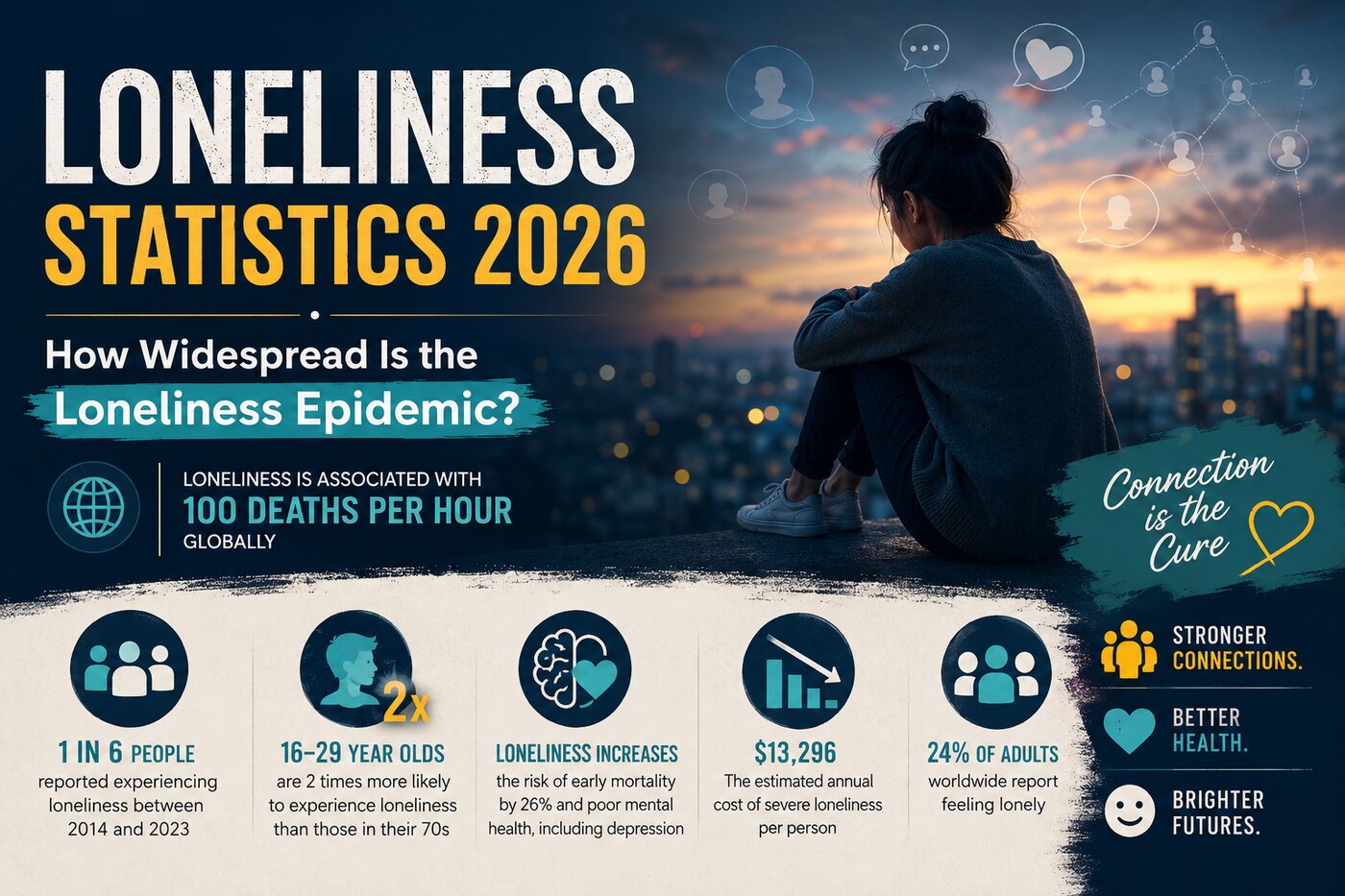 Loneliness Statistics 2026 infographic — 1 in 6 people affected, 100 deaths per hour, 26% higher mortality risk, $13,296 annual cost, 24% of adults lonely