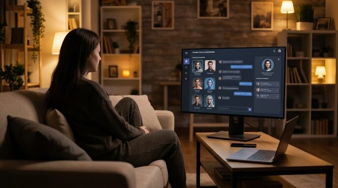 A person relaxes on a couch in a dimly lit living room at night, chatting with AI companion personas on a large monitor — a look at the best NSFW AI chat sites of 2026