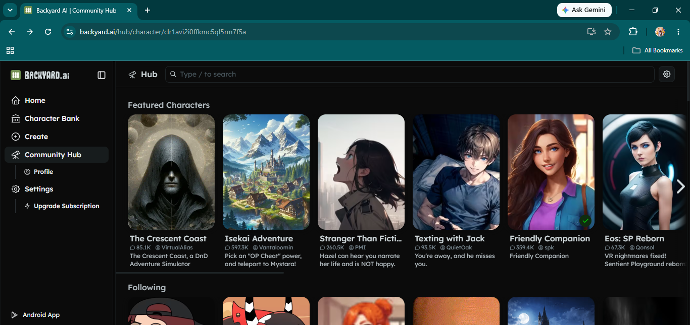 Backyard.ai Community Hub showing featured characters — The Crescent Coast DnD simulator, Isekai Adventure, Texting with Jack, Friendly Companion, and a sci-fi Eos: SP Reborn card.