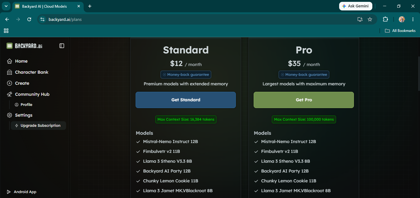 Backyard.ai pricing — Standard at $12/month with 16,384-token context and Pro at $35/month with a 100,000-token context, both listing their model selections.