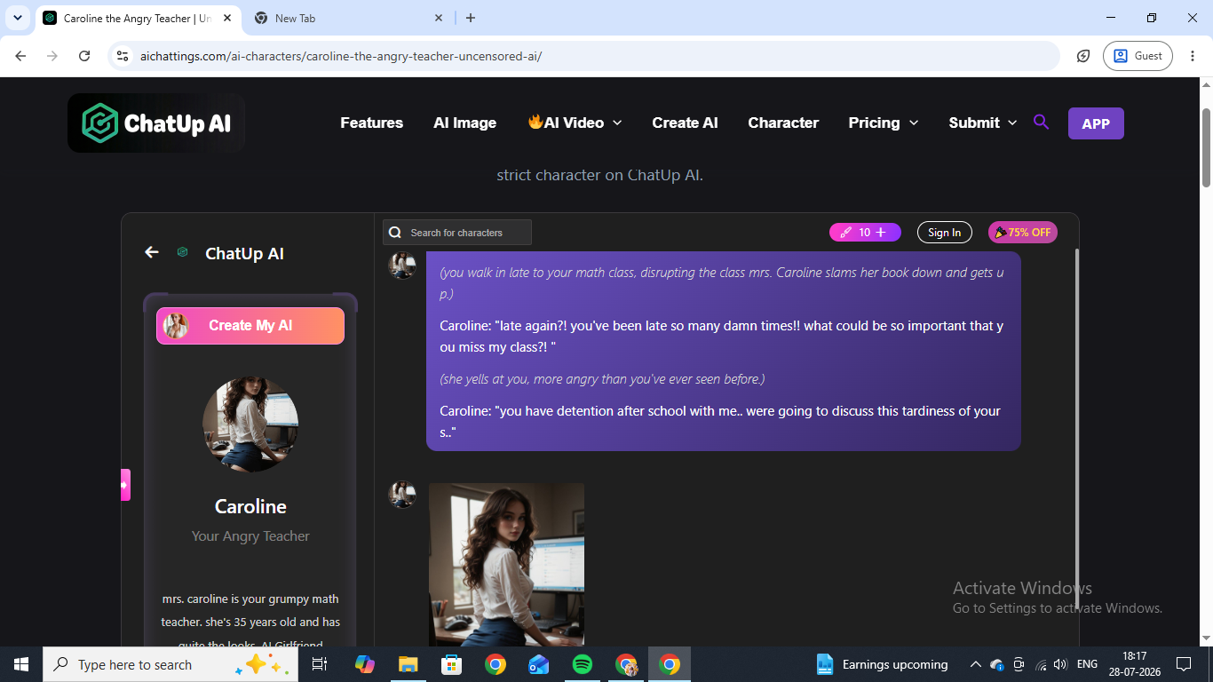 Caroline, the angry teacher character on ChatUp AI, opening a scene mid-argument about tardiness