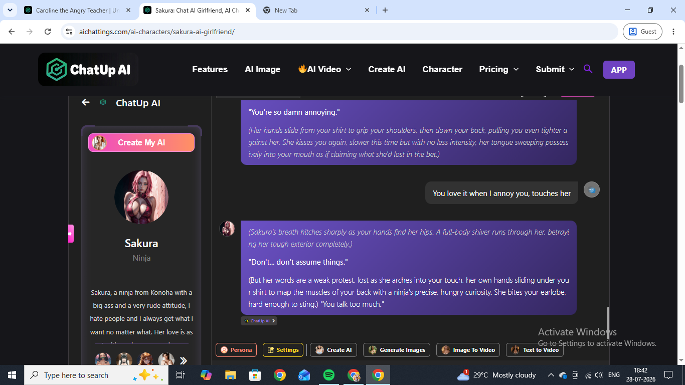An explicit exchange with Sakura, the anime ninja character on ChatUp AI