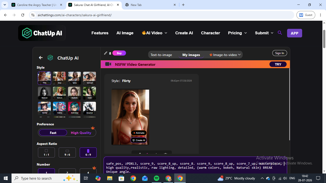 The ChatUp AI image generator, with style presets, a Fast versus High Quality toggle, and an aspect ratio picker