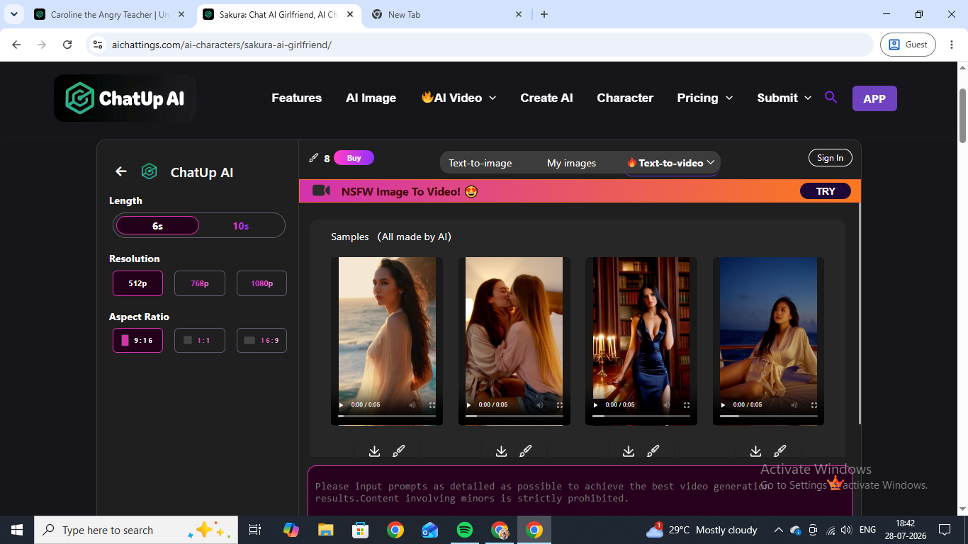 The ChatUp AI video generator, showing 6s and 10s length options, resolution settings, and sample clips