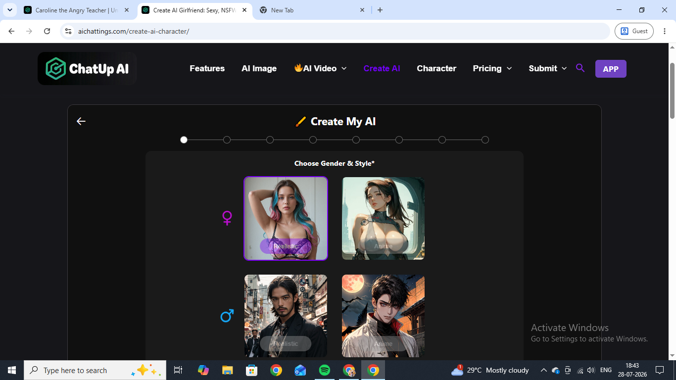 Step one of the Create My AI builder on ChatUp AI, choosing gender and realistic or anime style