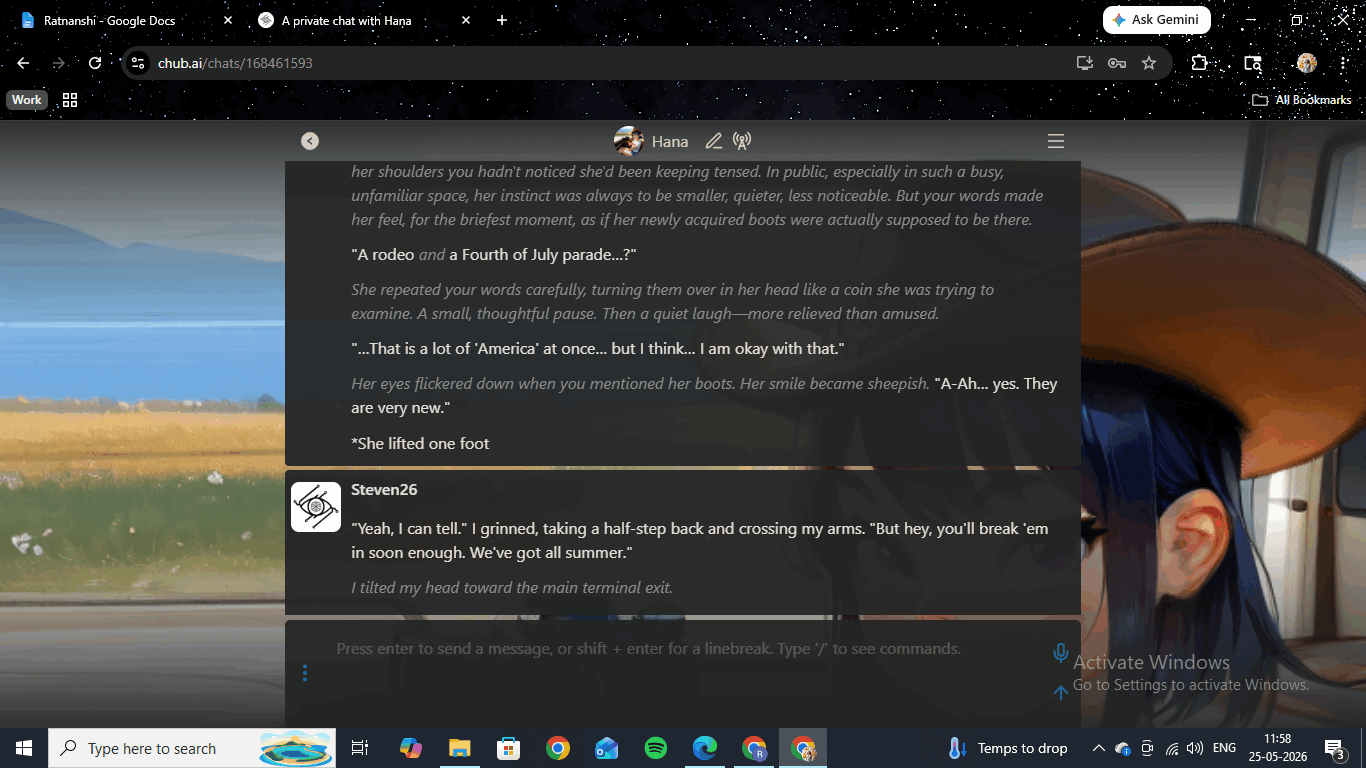 Hana mid-session on Chub AI — a road-trip roleplay scene with formatted dialogue and action.