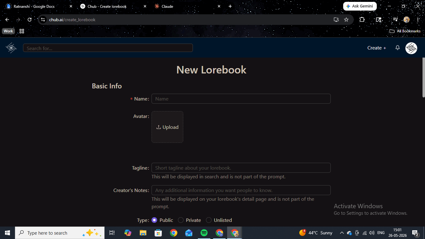 Lorebook creation panel on Chub AI showing Scan Depth, Token Budget, and Recursive Scanning controls.