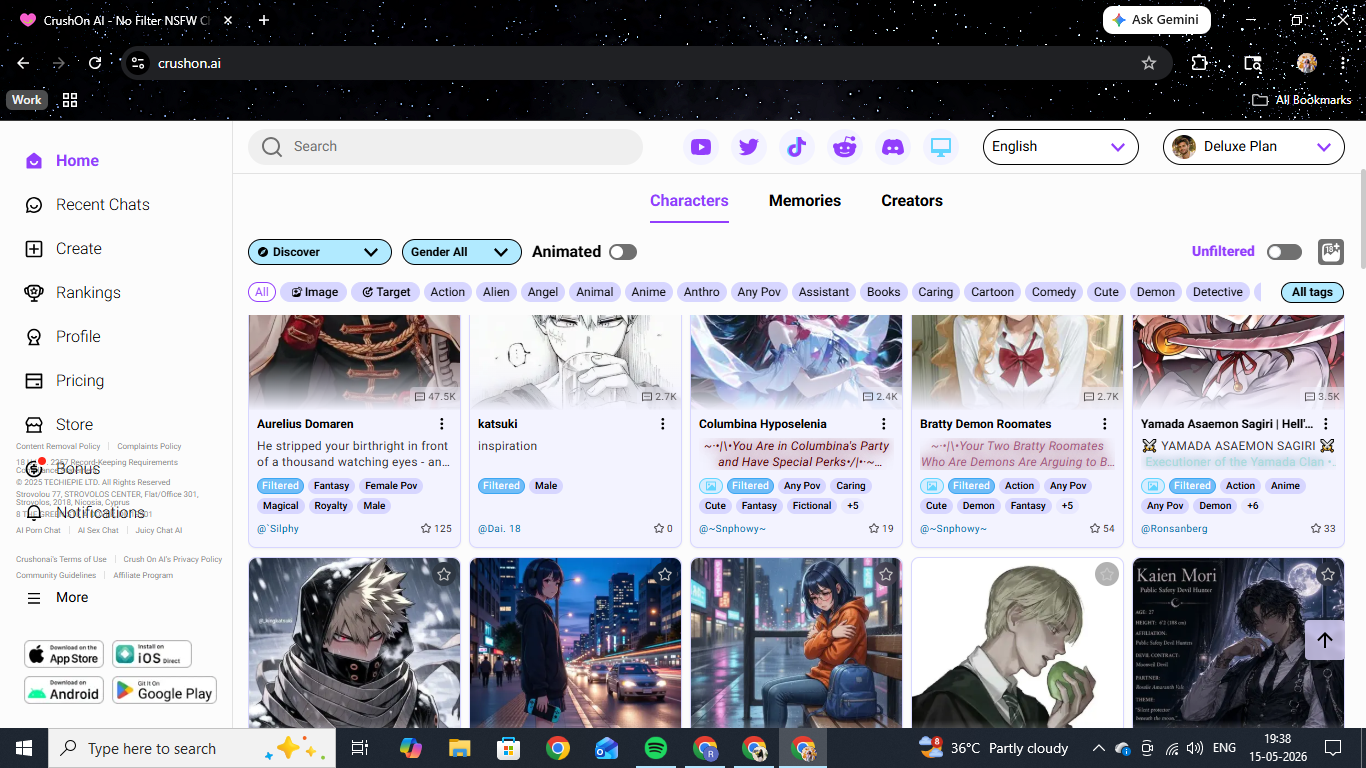 CrushOn AI character discovery grid with filters for gender, Discover/Trending sort, an Animated toggle, and a full tag bar covering Action, Anime, Fantasy, BDSM, Tsundere, Historical and more.