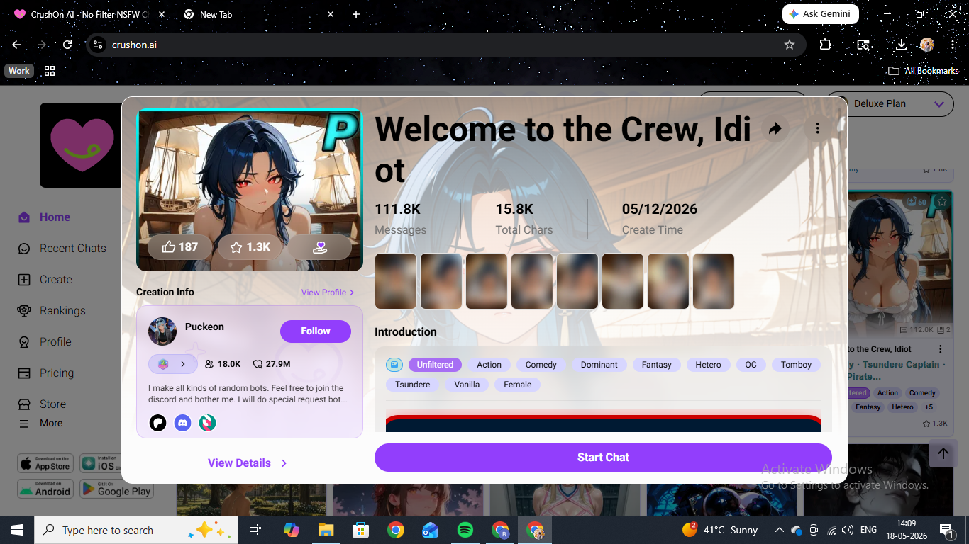 Lola character card on CrushOn AI for "Welcome to the Crew, Idiot" — 111.8K messages, 15.8K total, creator @Puckeon, with tag bar and Start Chat button.