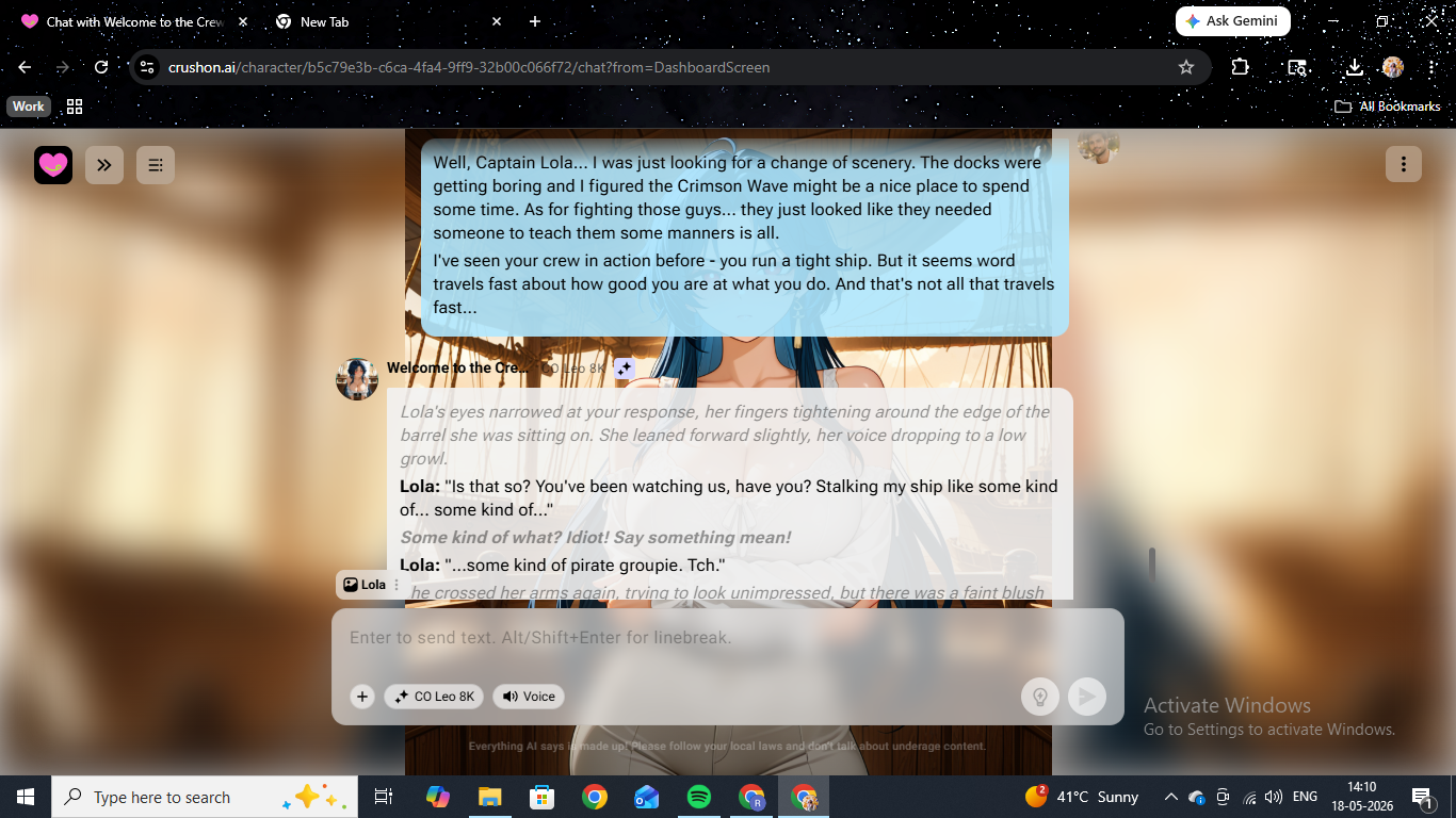 Lola chat scene on CrushOn AI — cinematic dockside backdrop with italicized internal monologue and dialogue lines from a tsundere pirate captain.