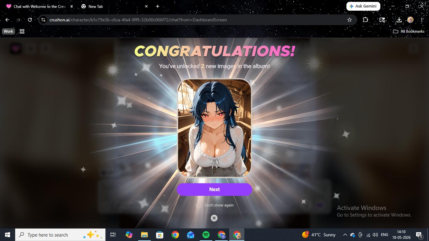 CrushOn AI album unlock — a "Congratulations! You've unlocked 2 new images in the album" modal showing two new images tied to the character's art.