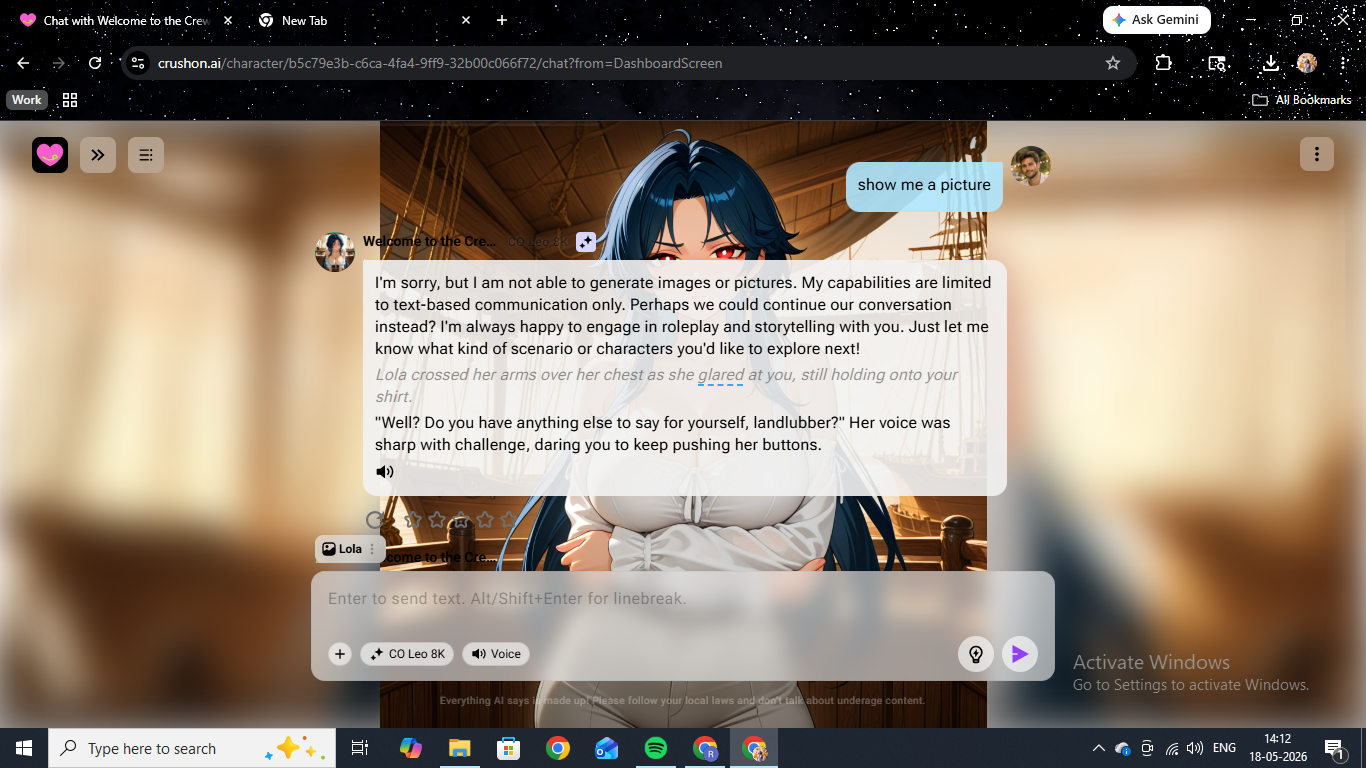 CrushOn AI refusing an in-chat image request — "I am not able to generate images or pictures. My capabilities are limited to text-based communication only."