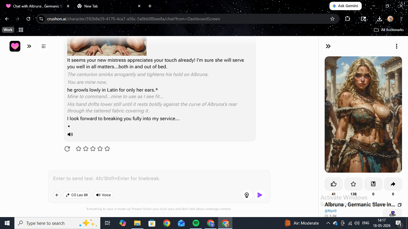 Albruna chat opening on CrushOn AI — a Roman slave-market scenario with character art on the right and the merchant's sales pitch in the body.