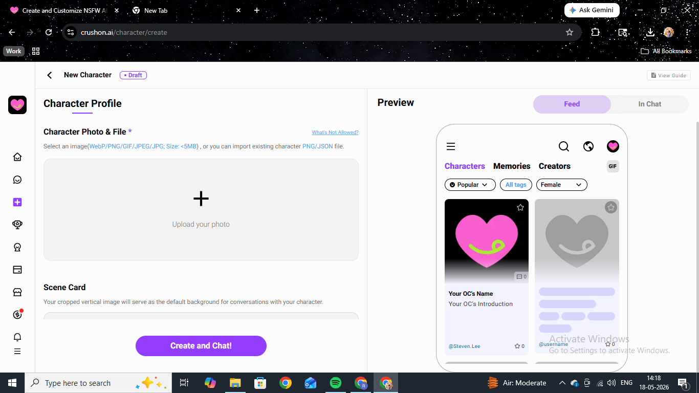CrushOn AI New Character creation page — photo upload, scene card slot, personality and scenario fields with a live preview panel on the right.