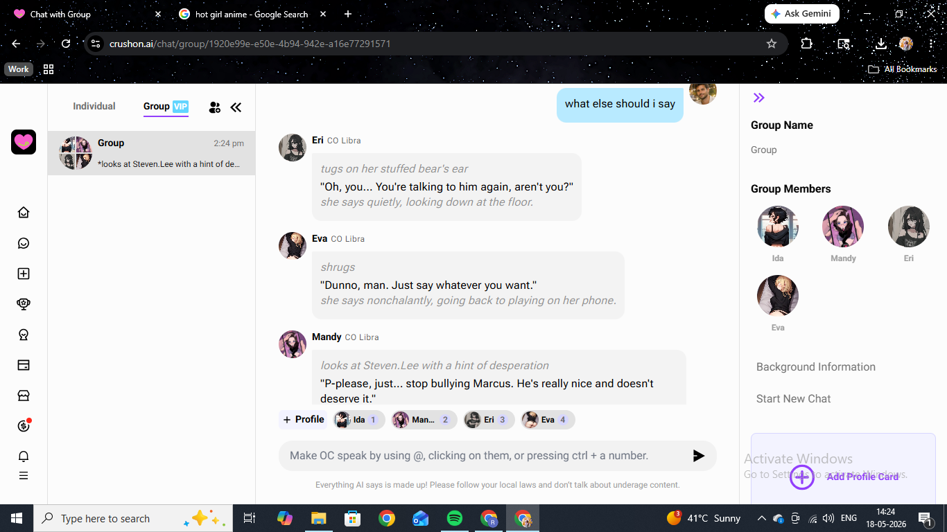 CrushOn AI group chat in progress — four characters (Ida, Mandy, Eri, Eva) with distinct voices in the same scene, character roster visible in the right sidebar.