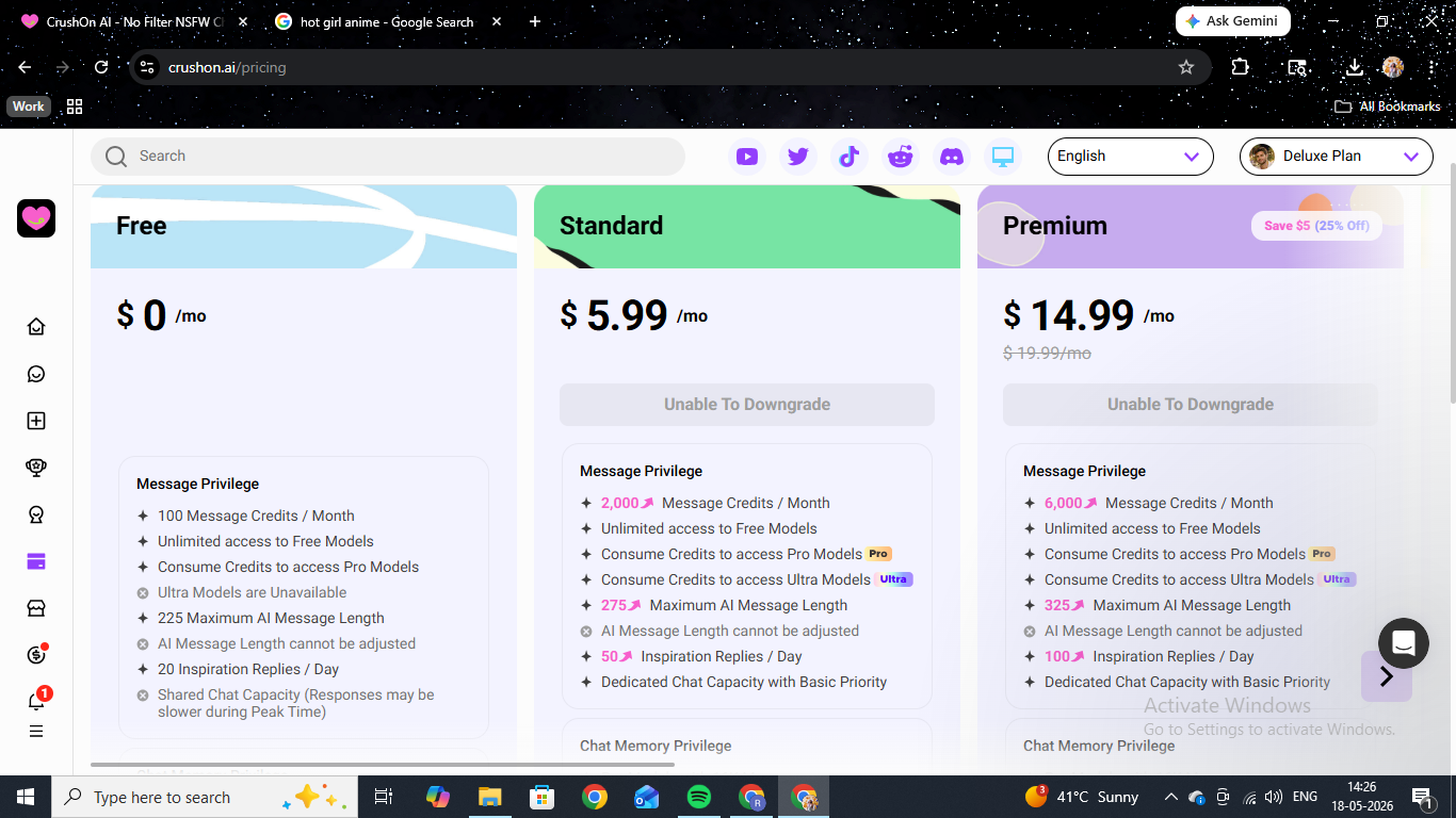 CrushOn AI pricing tiers — Free, Standard ($5.99/mo), and Premium ($14.99/mo) shown side by side with message privilege breakdowns.