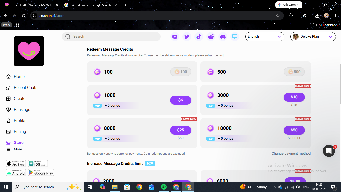 CrushOn AI Redeem Message Credits store — packs at 1,000 for $6, 3,000 for $10, 8,000 for $25, and 18,000 for $50.