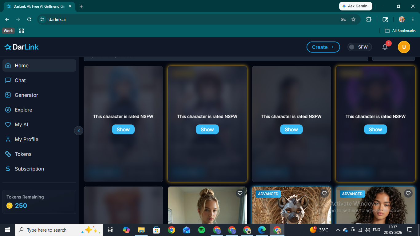 The NSFW-toggled Explore feed on DarLink AI, with adult thumbnails blurred until unlocked