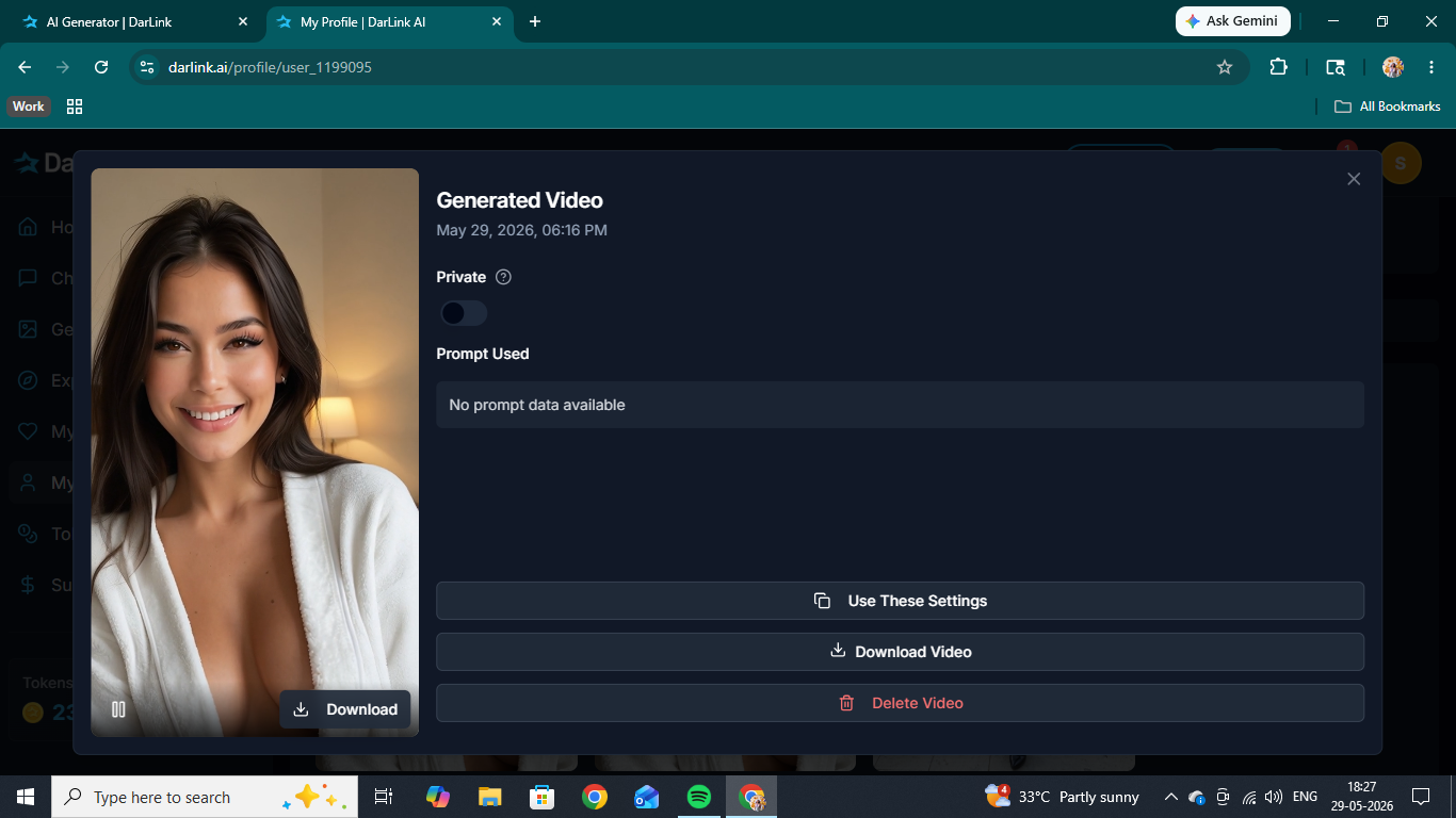 A generated video saved to the DarLink AI profile section