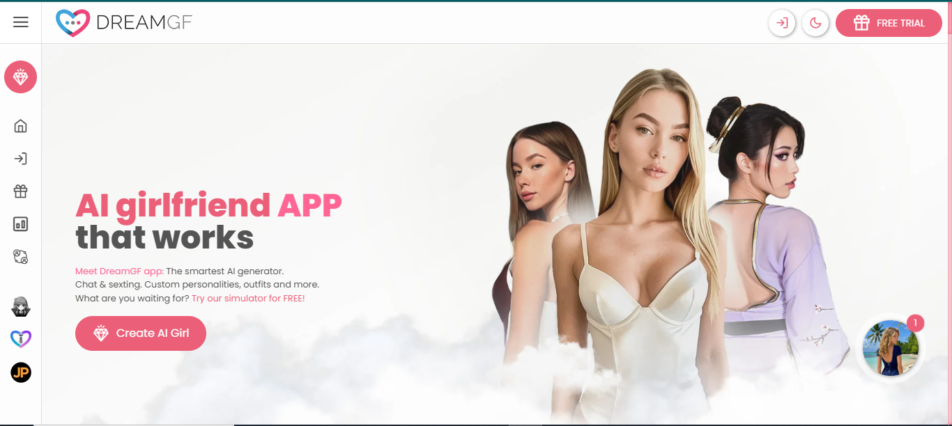 DreamGF.ai homepage — "AI girlfriend app that works" with the Create a Girl call to action