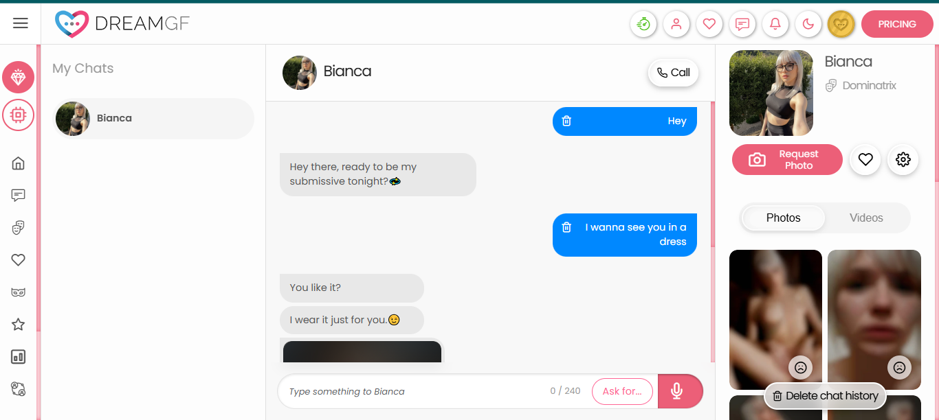 Chatting with Bianca on DreamGF, with her profile and photo gallery in the sidebar