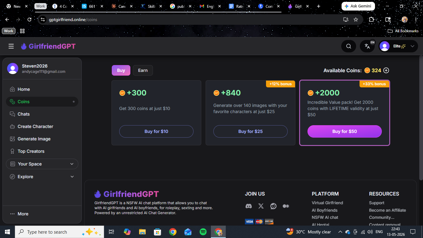 GirlfriendGPT coin pack pricing — 300 coins for $10, 840 for $25 with a 12% bonus, and 2,000 for $50 with a 33% bonus and lifetime validity.