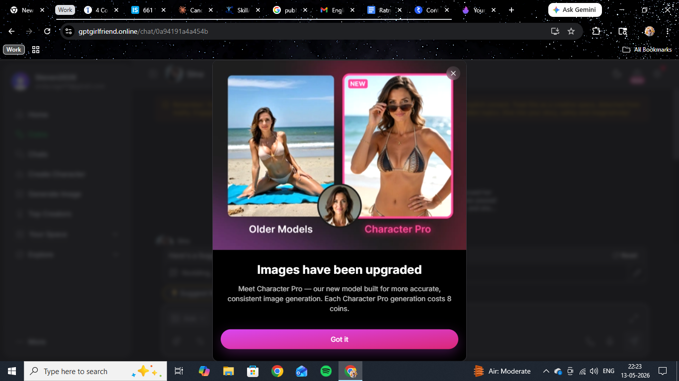 The Character Pro upgrade comparison modal in GirlfriendGPT. Older models on the left show face drift between generations; Character Pro on the right holds likeness more reliably.