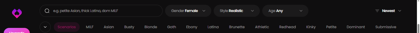 The GoLove explore page filter bar, with category tags like MILF, Busty, Blonde, and Dominant sitting in a row like a shopping-site menu